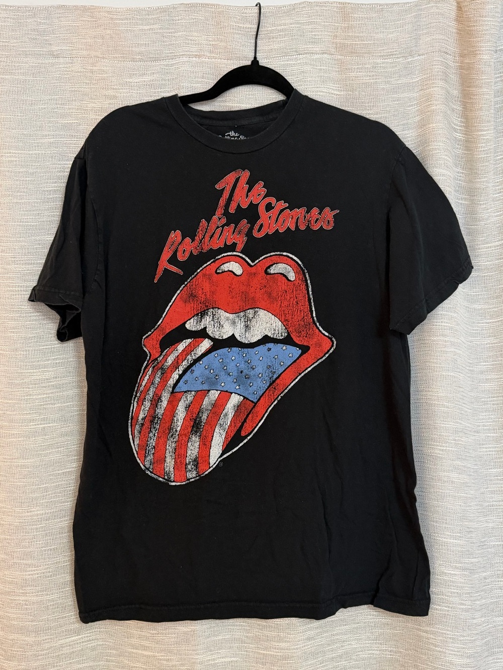 Vintage Rolling Stones Black Graphic Tee with American Flag Tongue